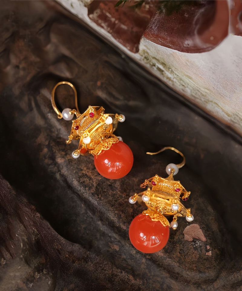 Red Sterling Silver Overgild Agate Pearl Pavilion Drop Earrings Gh1080