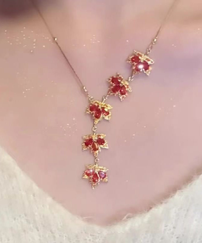 Red Sterling Silver Overgild Maple Leaf Pendant Necklace Ra031