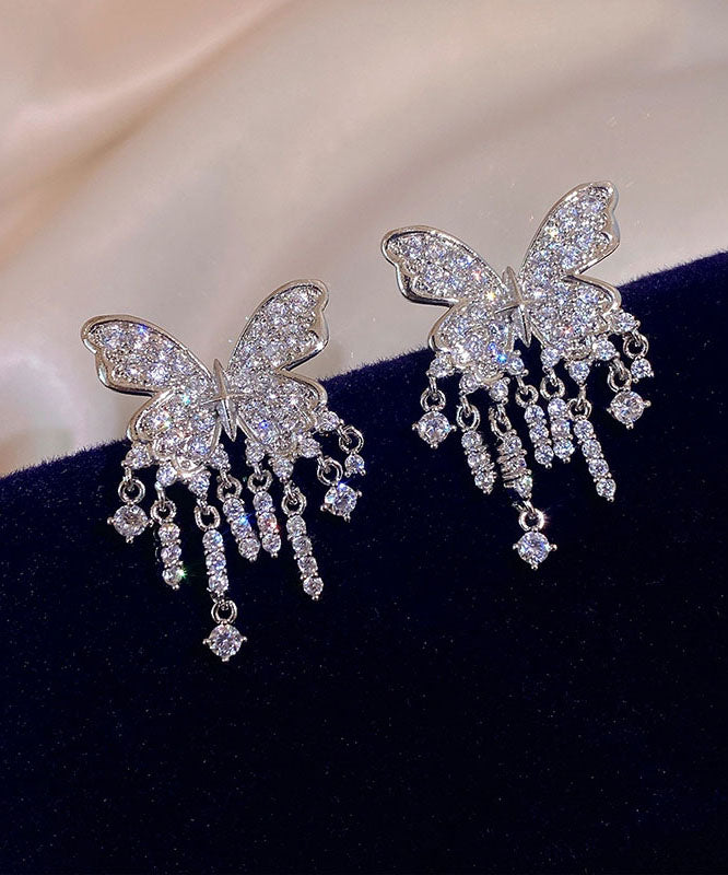 Silk Sterling Silver Alloy Inlaid Zircon Butterfly Tassel Drop Earrings