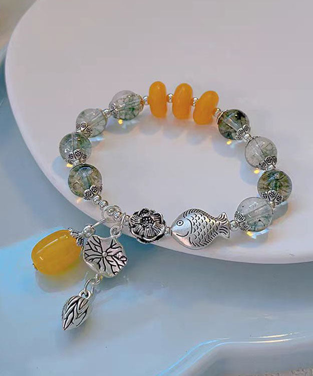 Silk Sterling Silver Crystal Little Fish Playing With Lotus Tassel Charm Bracelet