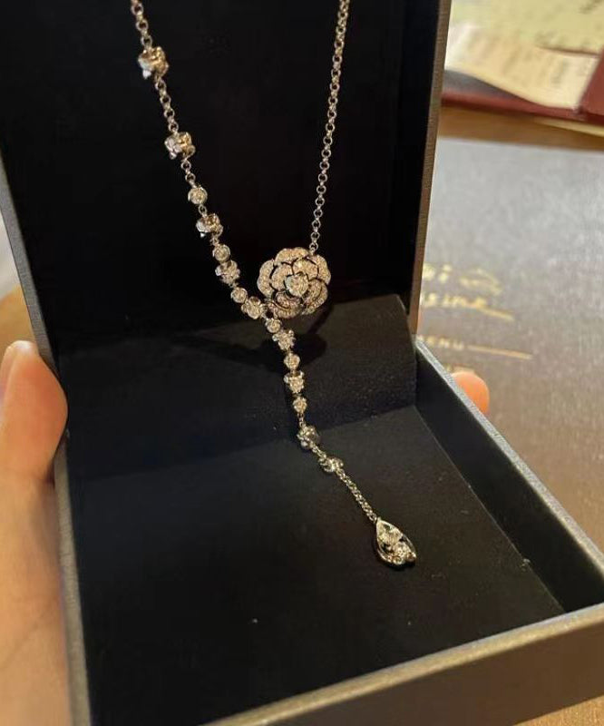 Silk Sterling Silver Zircon Rose Tassel Pendant Necklace Kx1034