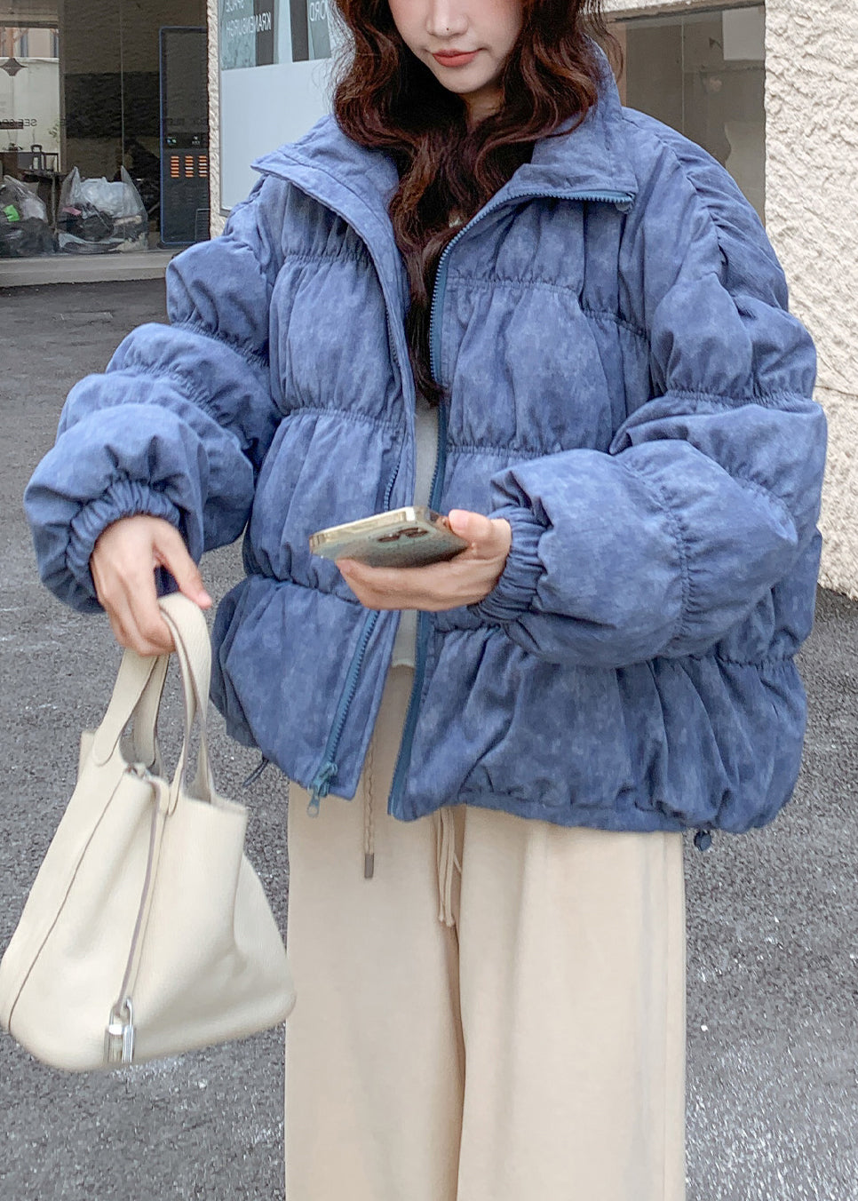 Sky Blue Oversized Tie Dye Drawstring Duck Down Winter Coats