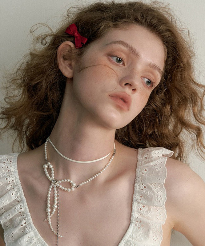 White Alloy Pearl Bow Chain Tassel Double Pendant Necklace