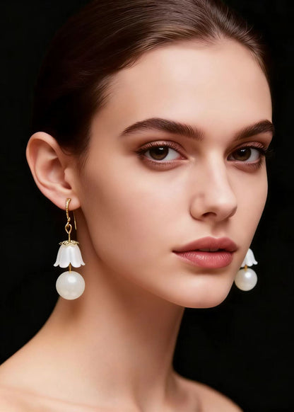 White Lily of the Valley Pearl Drop Earrings