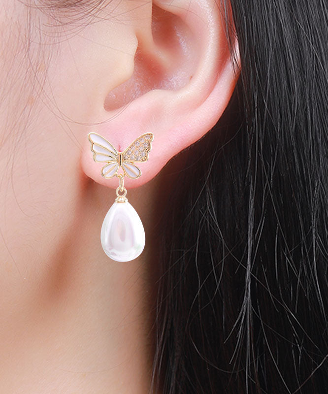 White Sterling Silver Zircon Butterfly Shell Water Drop Drop Earrings