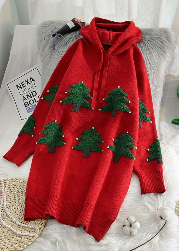 Red Sweater Weather Hooded Drawstring Hipster Knitwear