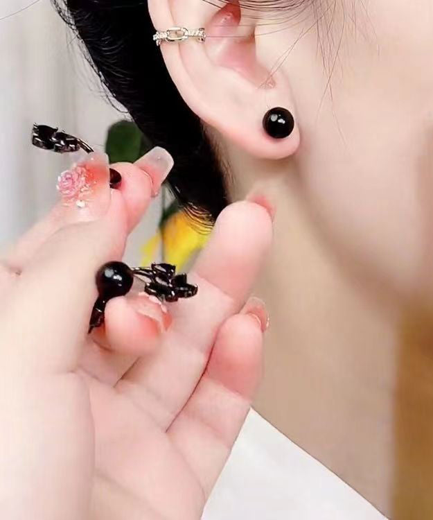 Fine Black Alloy Inlaid Gem Stone Stud Earrings Gh1086