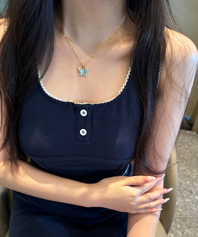 Fine Blue Ancient Dharma Gold Zircon Butterfly Pendant Necklace Ac1076