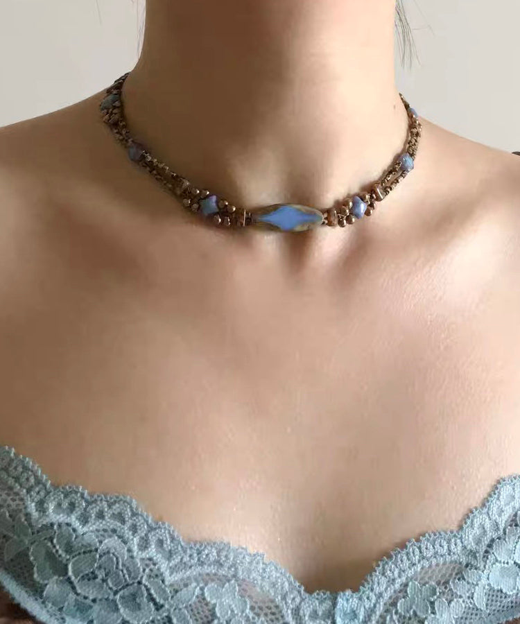 Fine Blue Copper Overgild Beading Gratuated Bead Necklace Qu015