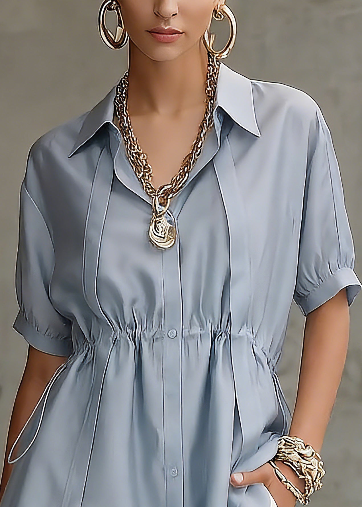 Fine Blue Peter Pan Collar Drawstring Silk Cotton Shirts Short Sleeve