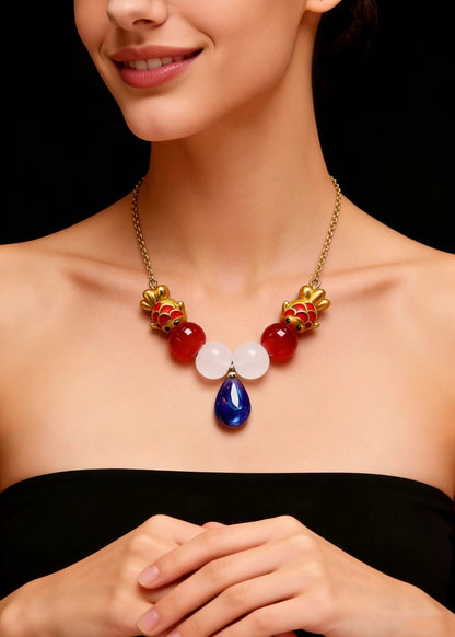 Fine Blue Water Droplet Gem Stone Goldfish Pendant Necklace