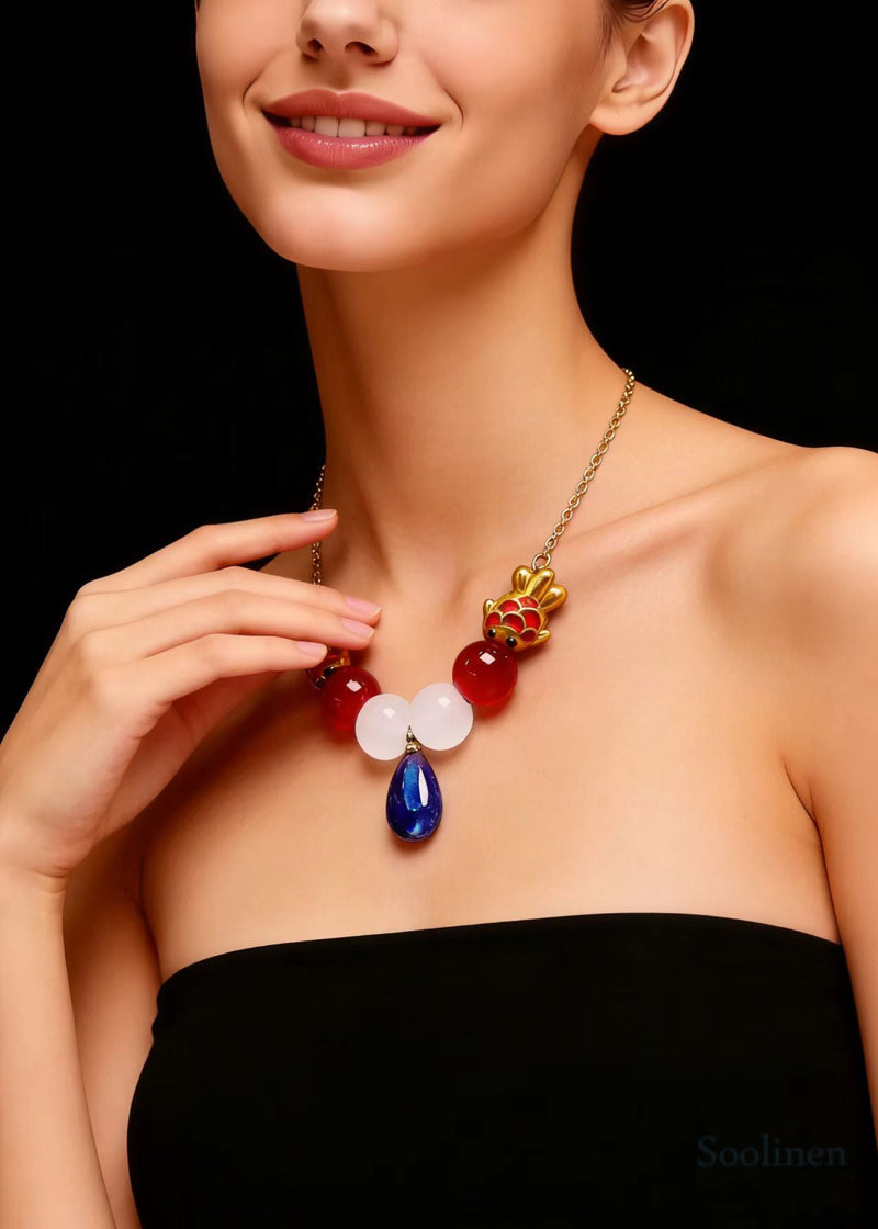 Fine Blue Water Droplet Gem Stone Goldfish Pendant Necklace
