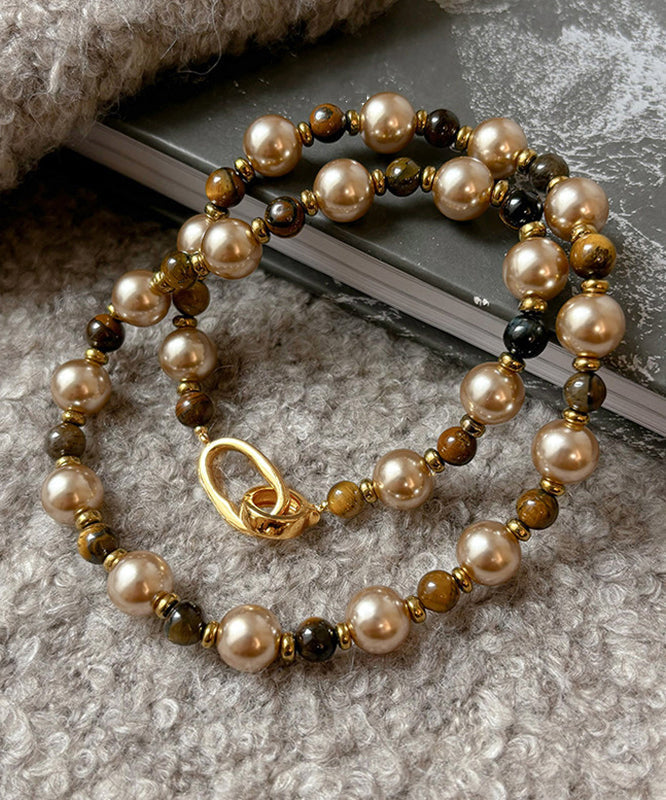 Fine Colorblock Alloy Tiger's Eye Pearl Patchwork Gratuated Bead Necklace