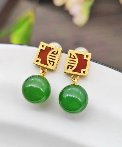 Sterling Silver Overgild Jade Drop Earrings