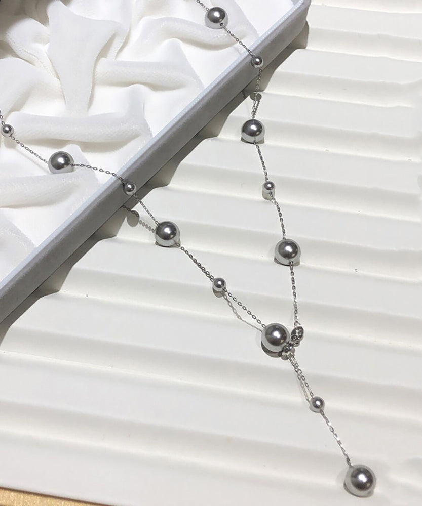 Fine Grey Stainless Steel Pearl Tasse Lariat Necklace Qu019
