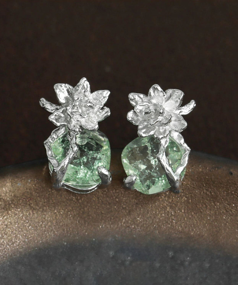 Fine Light Green Sterling Silver Zircon Ice Flower Stud Earrings