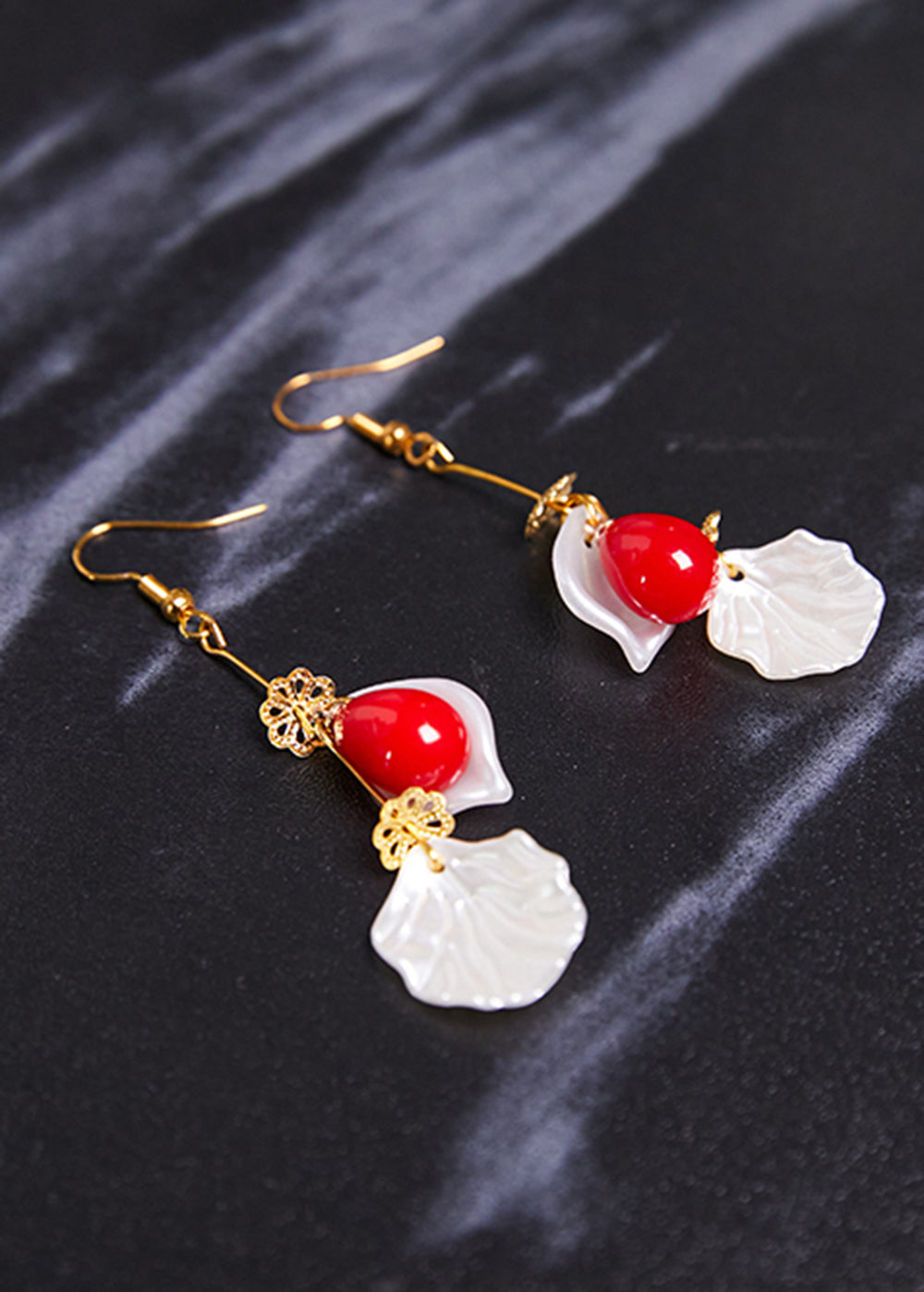 Fine Red Droplet Shape Coral and Shell Drop Earrings