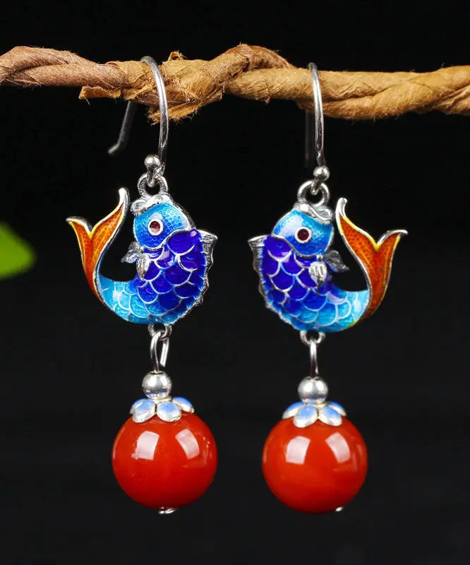 Sterling Silver Agate Cloisonne Goldfish Drop Earrings