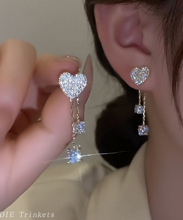 Fine Silk Love Heart Copper Zircon Tassel Stud Earrings Ly1797