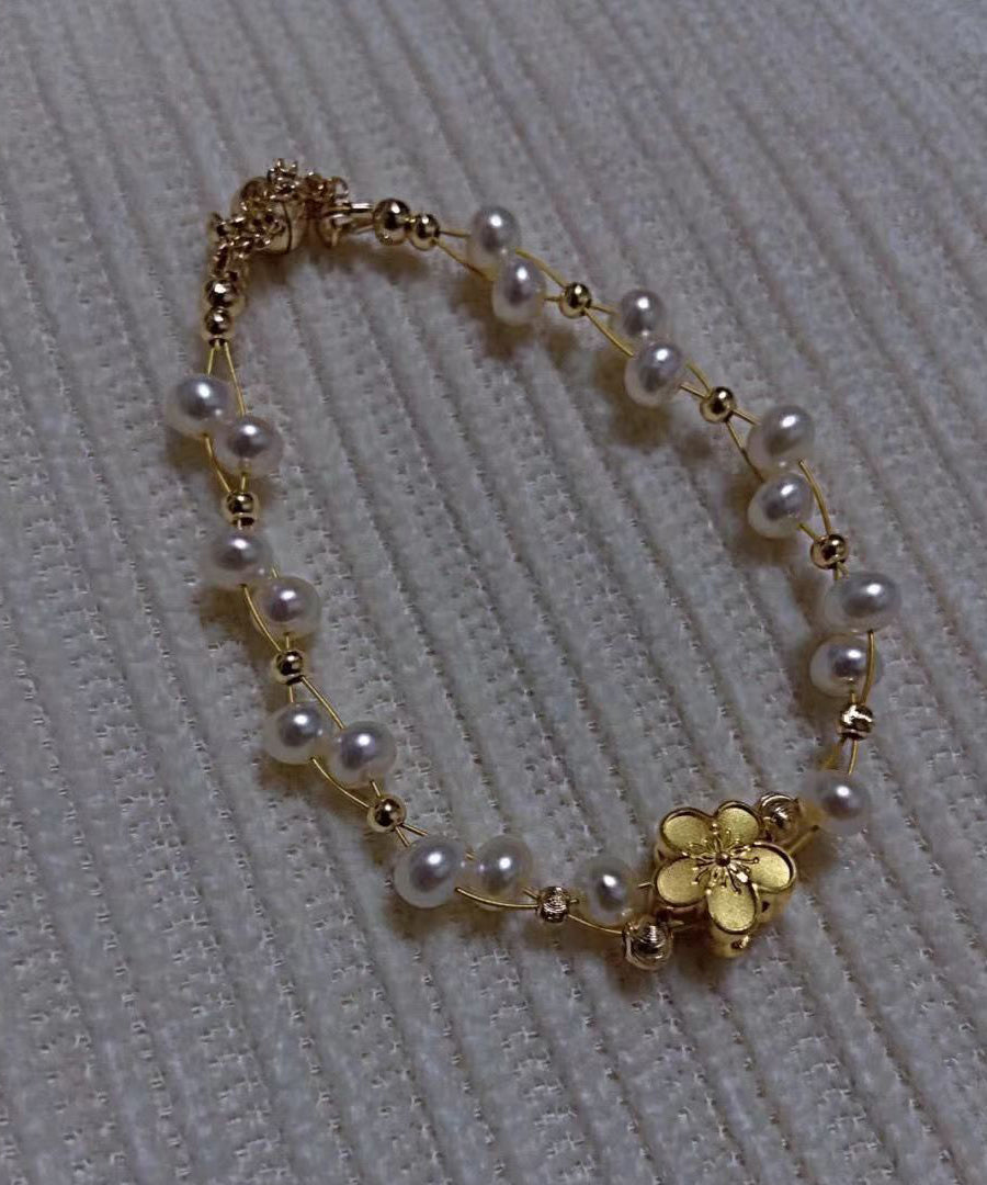 Fine White 14k Gold Pearl Woven Chain Bracelet