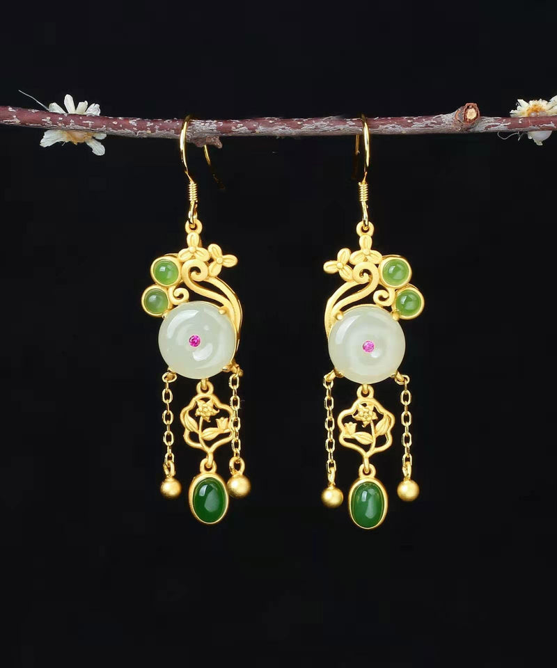 Fine White Sterling Silver Inlaid Gem Stone Jade Tassel Drop Earrings