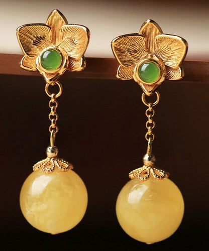 Fine Yellow Sterling Silver Overgild Beeswax Amber Crystal Drop Earrings Gh1025