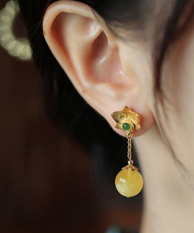 Fine Yellow Sterling Silver Overgild Beeswax Amber Crystal Drop Earrings Gh1025