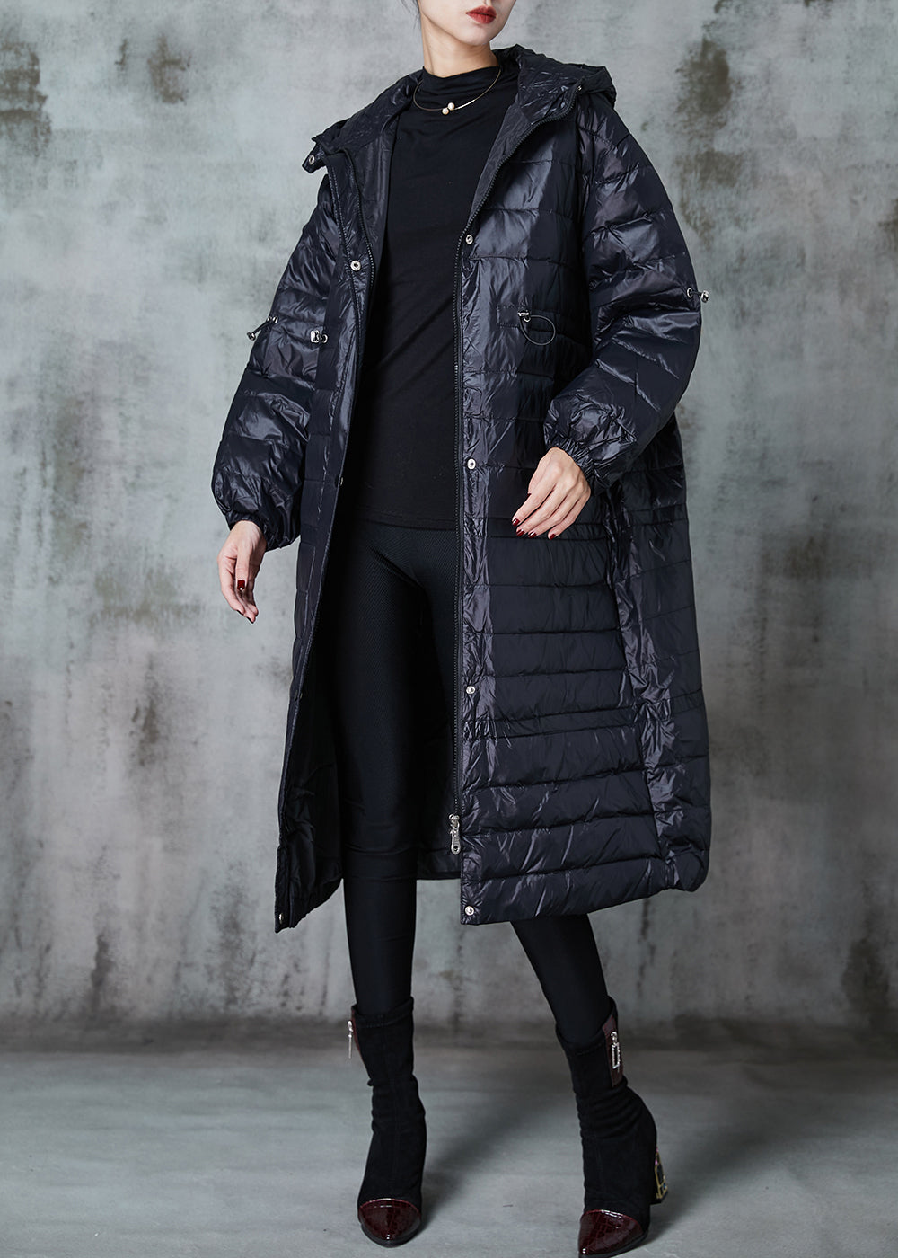 Fitted Black Drawstring Patchwork Cotton Silk Blend Puffer Jacket Winter