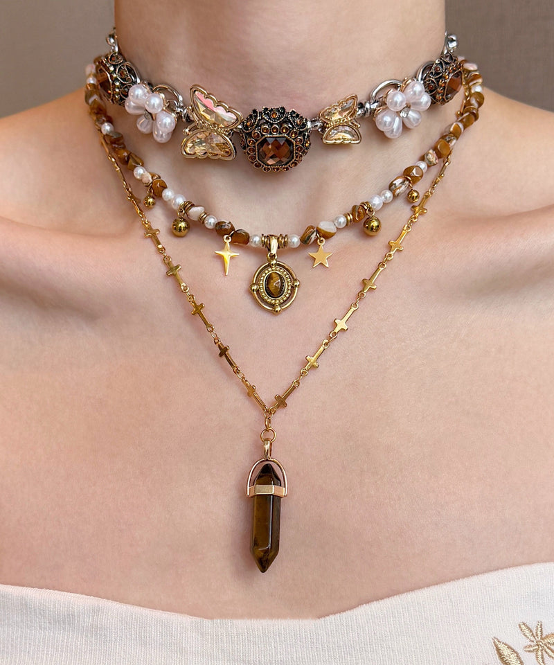 Brown Tiger's Eye Pearl Butterfly Titanium Steel Three Piece Set Pendant Necklace
