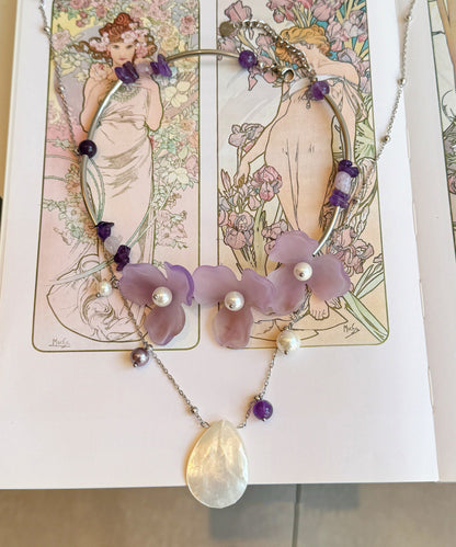 Purple Pearl Shell Alloy Two Piece Set Pendant Necklace