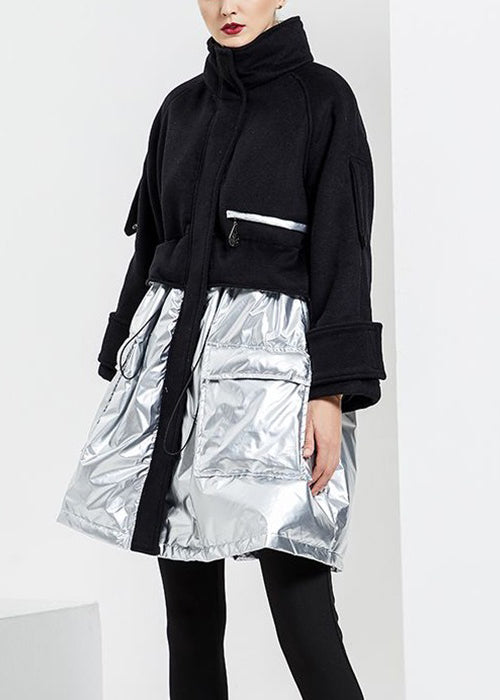 French Black Drawstring Woolen Patchworkcotton Blend Coat Long Sleeve