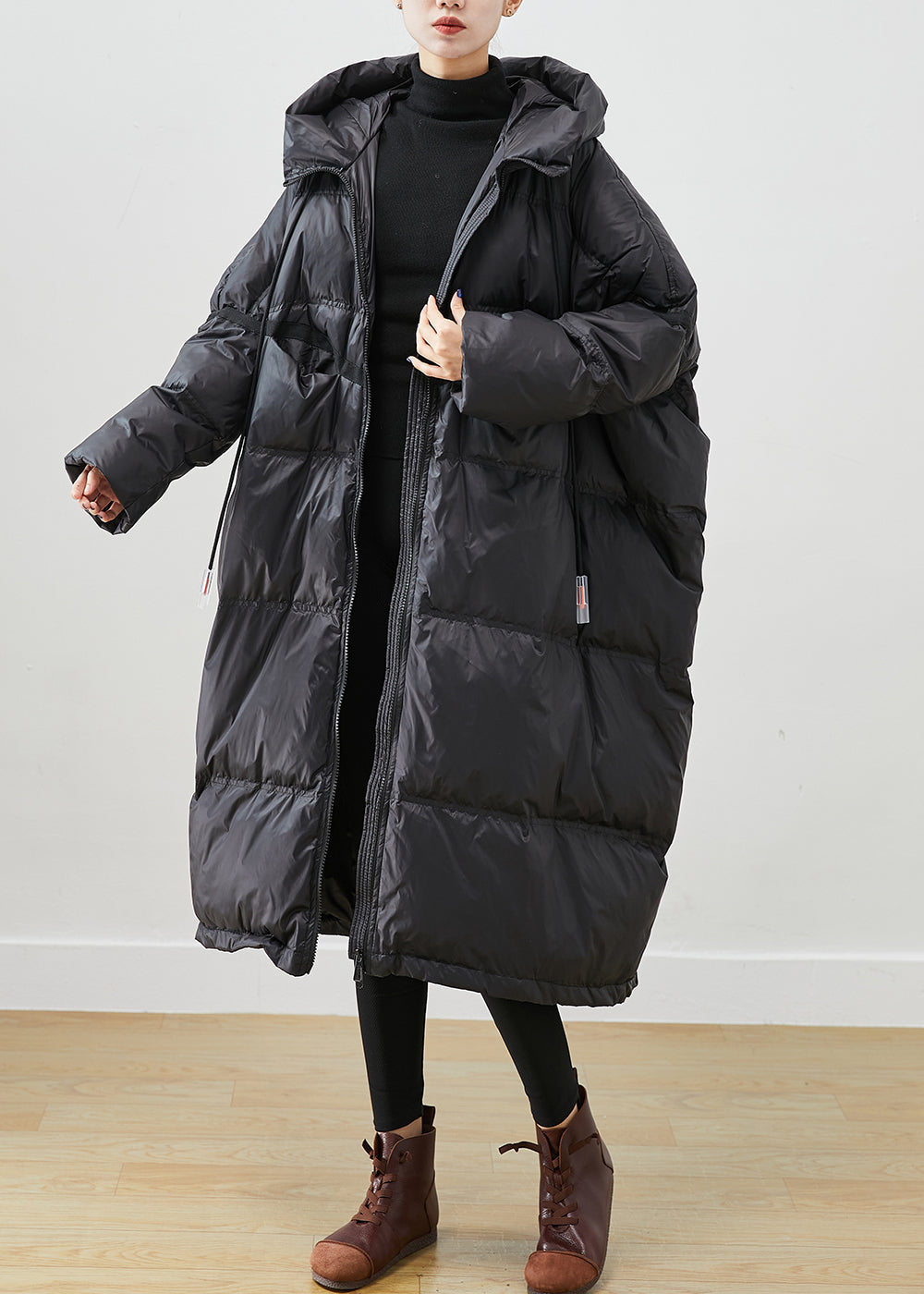 French Black Oversized Drawstring Duck Down Jacket in Winter