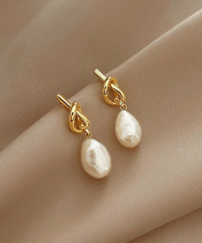 French Gold Copper Alloy Asymmetrical Pearl Drop Earrings