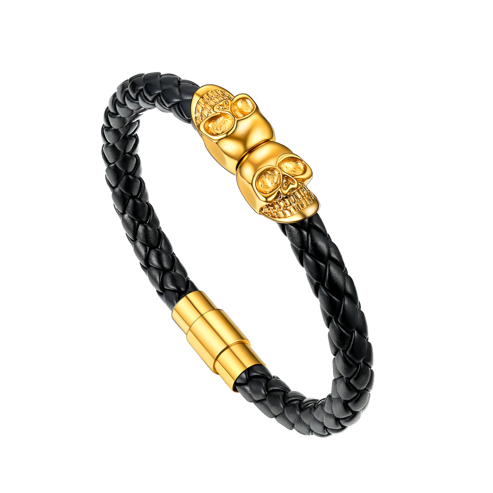 Black Braided Leather Bracelet With Skull for