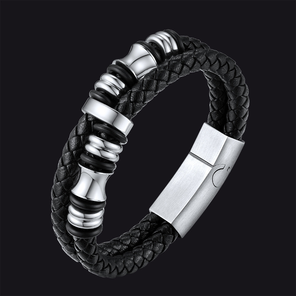 Viking Black Engraved Leather Braided Wristband Bracelet for