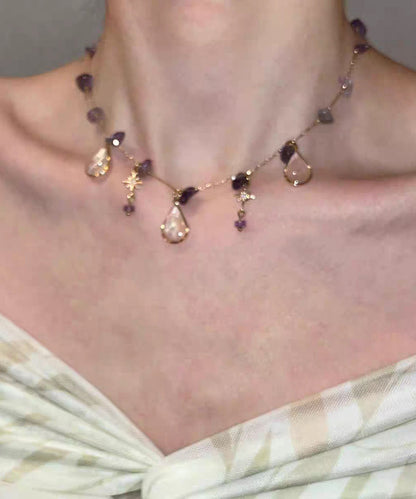 Gradient Color Purple Copper Overgild Crystal Star Water Droplet Pendant Necklace