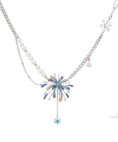 Gradient Color Rainbow Sterling Silver Zircon Fireworks Pearl Tassel Pendant Necklace