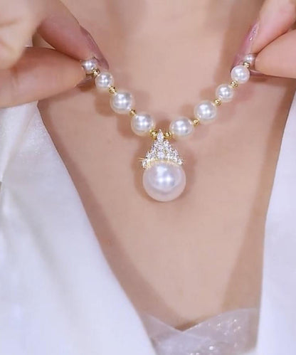 Gradient Color White Copper Alloy Zircon Pearl Pendant Necklace
