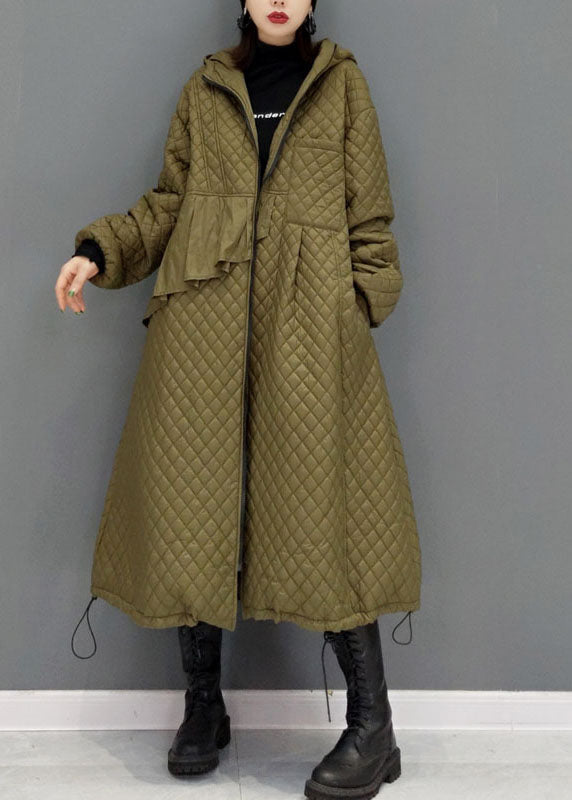 Green Plaid Fine Cotton Filled Coats Drawstring Zip Up Winter