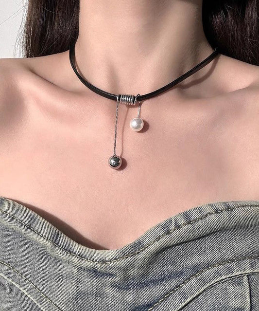 Handmade Black Leather Pearl Pendant Necklace