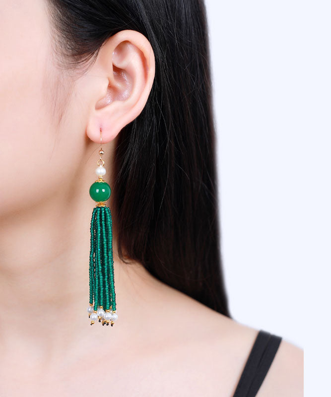 Handmade Blackish Green 14k Gold Pearl Dry Green Glass Beads Drop Earrings