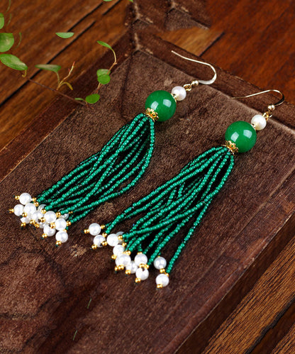 Handmade Blackish Green 14k Gold Pearl Dry Green Glass Beads Drop Earrings