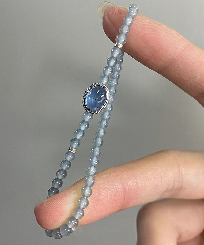 Handmade Blue Sterling Silver Zircon Gem Stone Chain Bracelet Gh1060