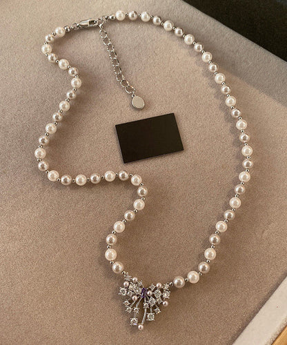 Handmade Light Pink Butterfly Zircon Pearl Adjustable Alloy Pendant Necklace