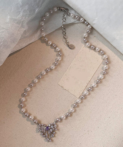 Handmade Light Pink Butterfly Zircon Pearl Adjustable Alloy Pendant Necklace