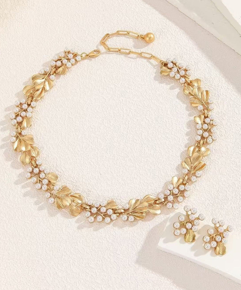 Handmade Pearl Metal Ginkgo Leaf Hollow Necklace Earring Set