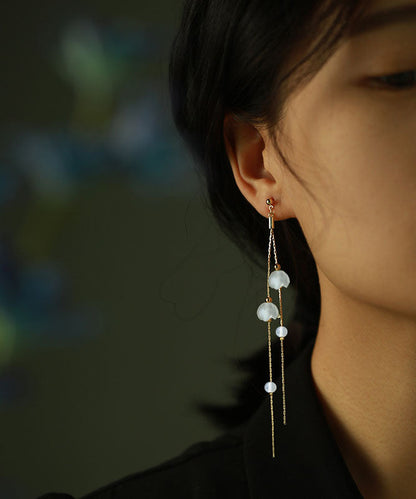 Handmade White Sterling Silver Inlaid Gem Stone Tassel Drop Earrings Tw1053