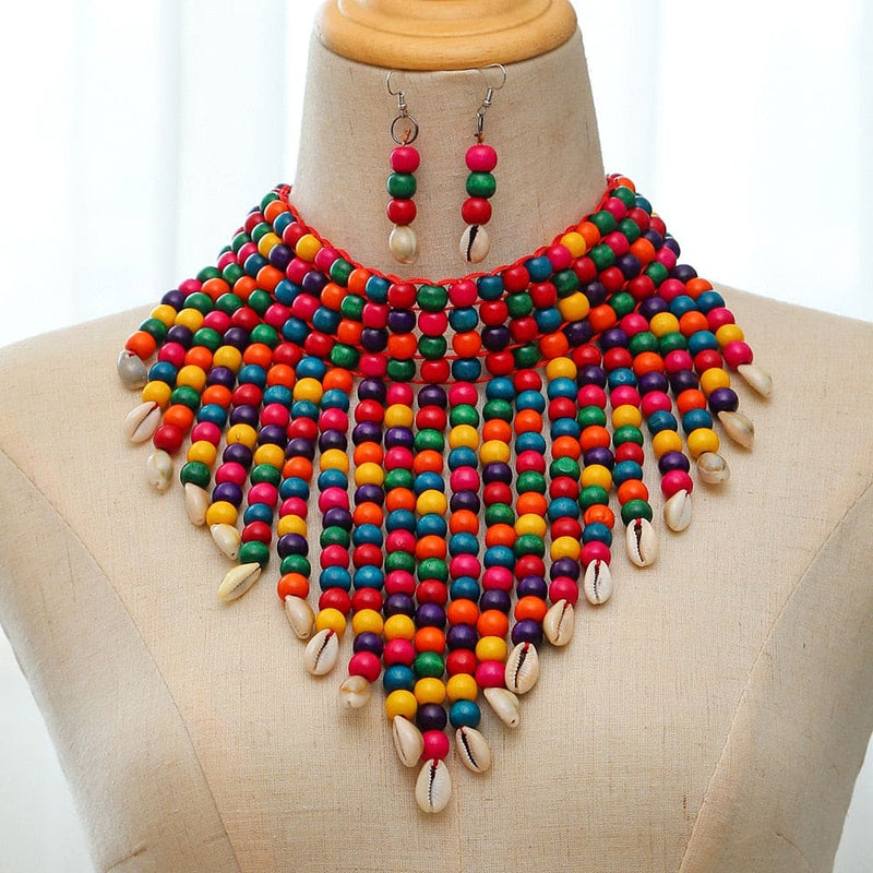 African Tribal Shell Choker Necklace & Earrings Set