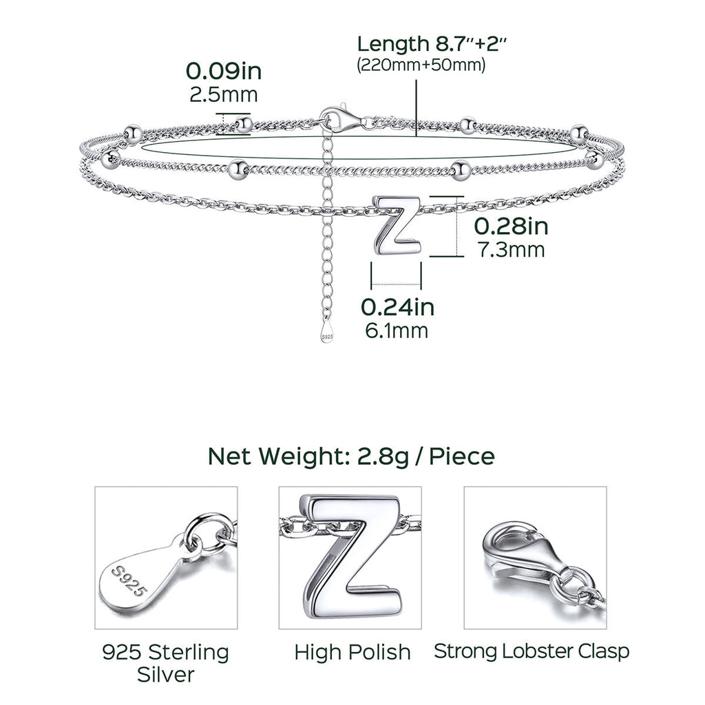 925 Sterling Silver Bead Chain Layered Initial Anklets for Girlfriend Gift
