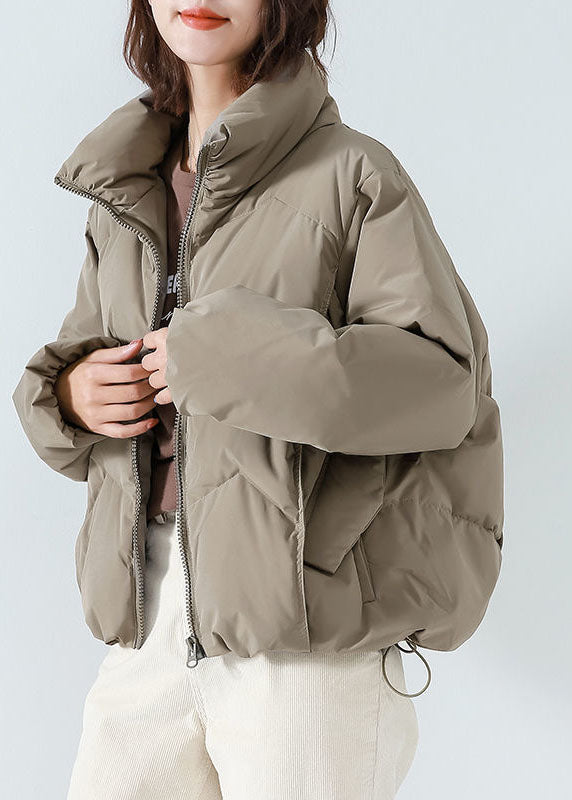 Khaki Cotton Blend Puffer Jacket Stand Collar Zip Up Drawstring Long Sleeve